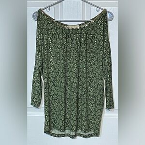 MICHAEL Michael Kors Cold Shoulder Ivy Shirt W/ Gold Chain,Green and Gold Fabric
